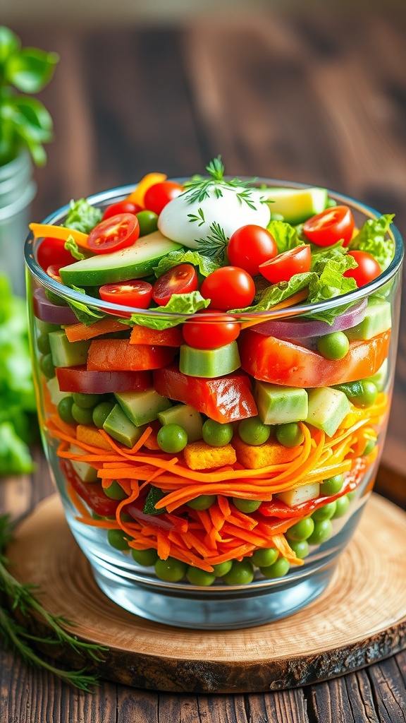 A vibrant 7 layer salad in a glass bowl with layers of lettuce, tomatoes, cucumber, avocado, bell peppers, carrots, and peas, topped with creamy dressing and herbs.